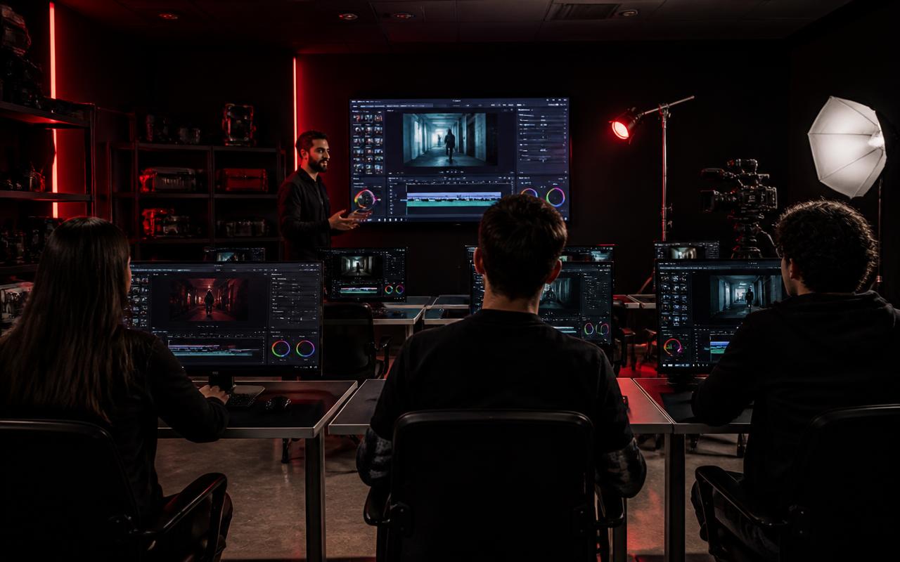 Students learning editing and camera craft in a crimson-lit studio classroom
