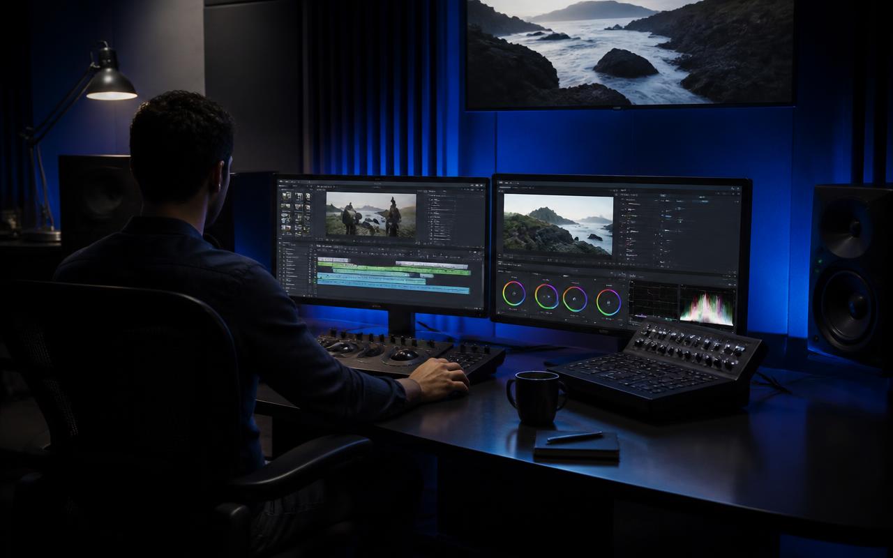 Editor working in a cobalt-lit professional post-production suite