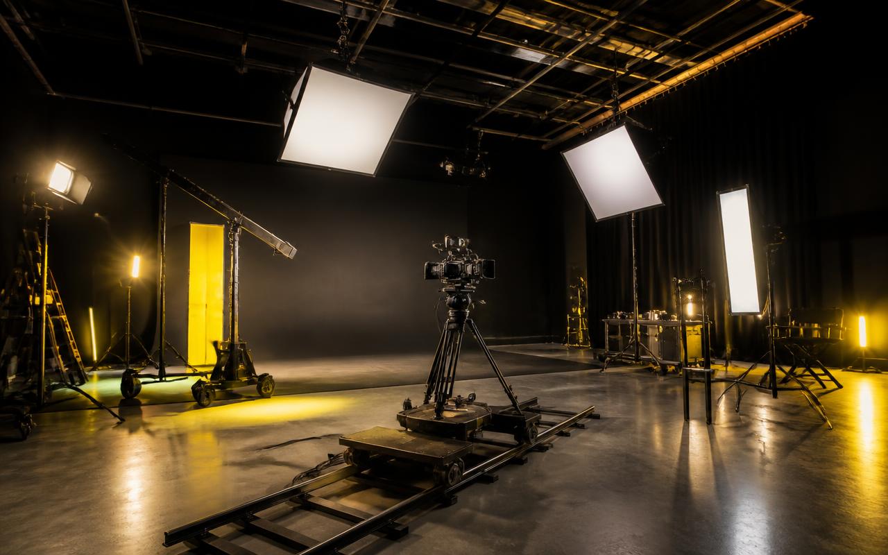 Professional soundstage with camera dolly and yellow-accented studio lighting